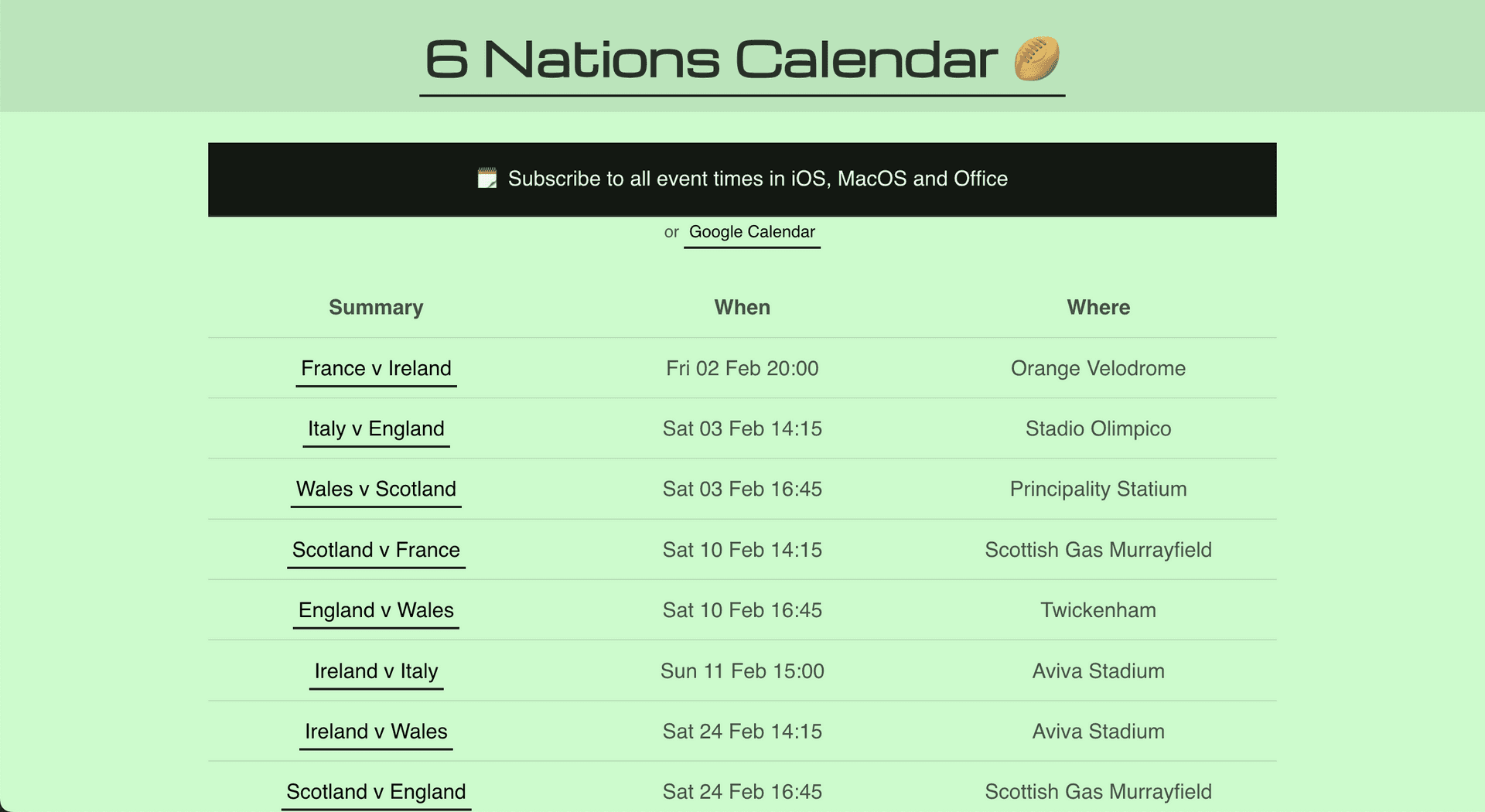 6 Nations Calendar screenshot with all fixtures for 2024